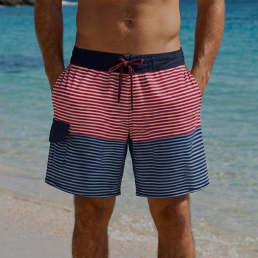 Men’s Red White Blue Striped Swim Trunks Size L 36-38 Drawstring Board Shorts